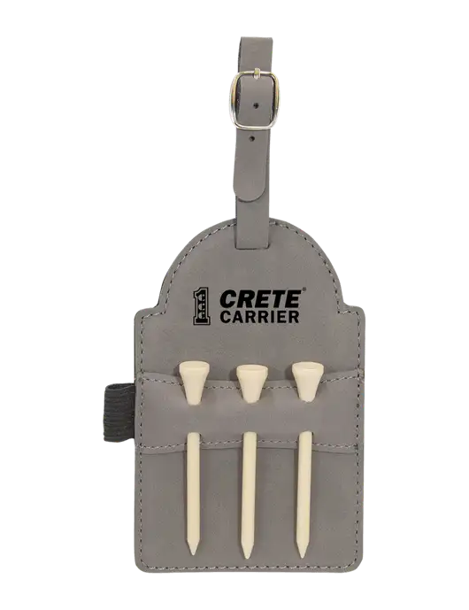 Grey Leatherette Golf Bag Tag with 3 Wooden Tees w/Crete Carrier Logo