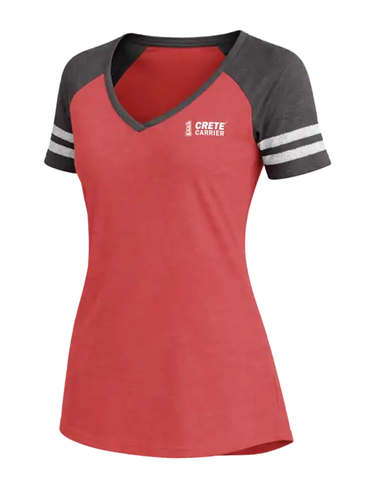 Womens Red Heather/Charcoal Heather V-Neck Game Tee w/Crete Carrier Logo