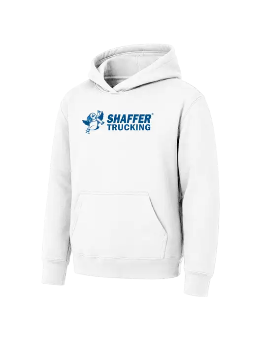 Youth White 7.8 oz Pullover Hooded Sweatshirt w/Shaffer Trucking Logo