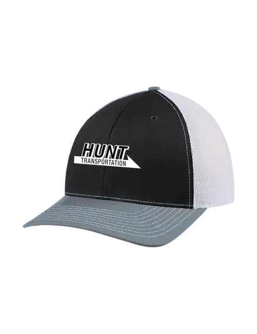 Richardson Adjustable Snapback Original 112 Trucker Cap Black/Light Heather Grey/White Mesh w/Hunt Transportation Logo