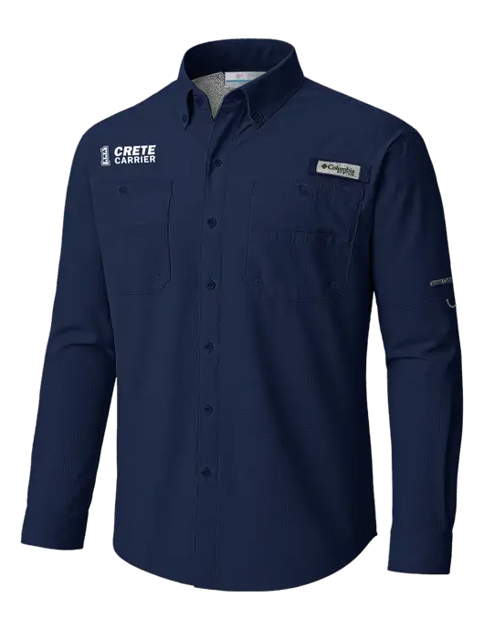 Columbia Navy PFG Tamiami II Long SleeveShirt w/Crete Carrier Logo